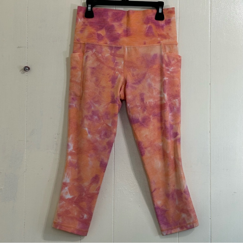ATHLETA Athletic Activewear Yoga Orange Tie Dye Capri Crop Leggings Size Small.